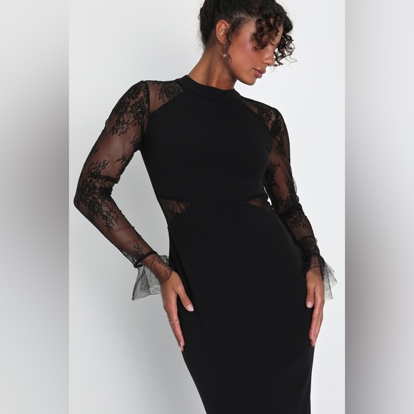 Lulus Bragging Rights Black Lace Long Sleeve Column Maxi Dress size m formal - Picture 3 of 5